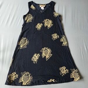 Peppermint Bay Black Rayon Fish Print Sleeveless V Neck Dress Medium 90s Vintage